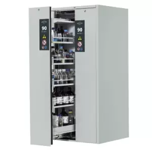 Image of asecos Type 90 fire resistant vertical pull-out cabinet, 2 drawers, 8 tray shelves, light grey
