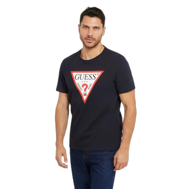 Image of Guess Round neck T-Shirt Guess Logo Original Bleu Male XS
