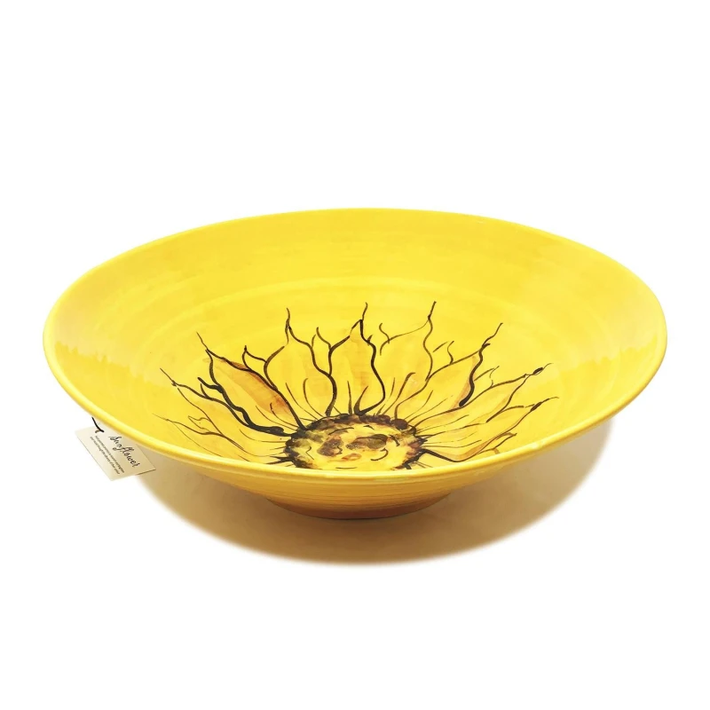 Image of Verano Spanish Ceramics Sunflower Hand Painted Ceramic Yellow Kitchen Dining Large Conical Bowl (Diam) 37cm Yellow