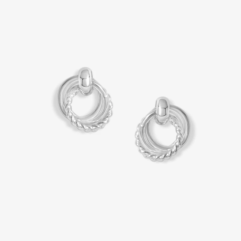 Image of Simply Silver Sterling Silver 925 Polished And Textured Interlocking Circle Stud Earrings Silver
