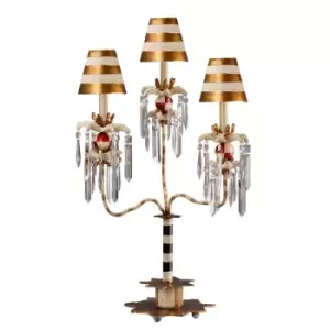 Image of Table Lamp 3 Bulb Black & White Striped Cream & Gold Shades Crystal LED E27 60W