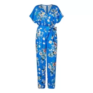 image of Yumi Blue Satin Floral Wrap Jumpsuit - Blue