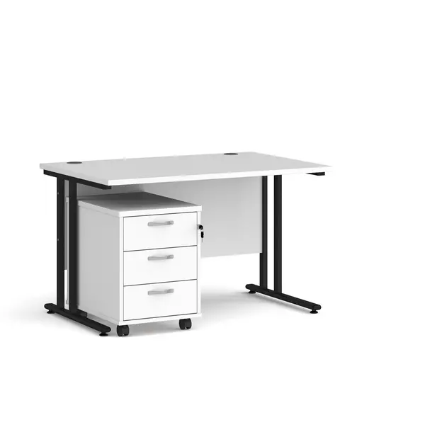 image of Maestro 25 Straight Desk Black Frame White Table Top and 3 Drawer Pedestal - 1200mm