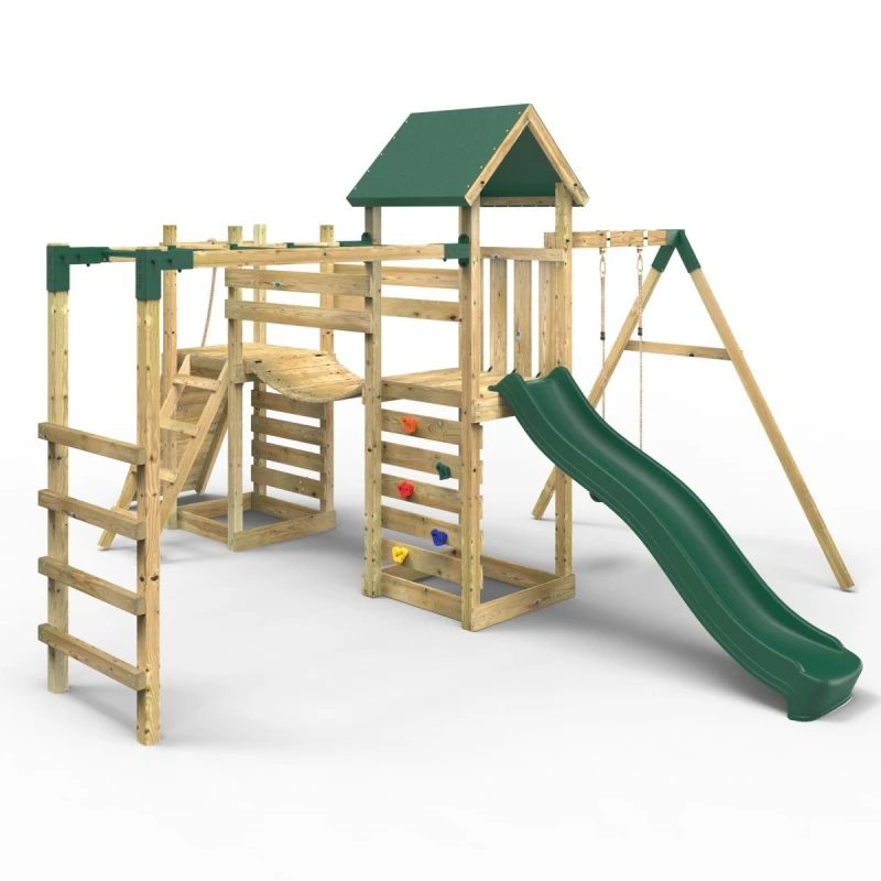 Image of OutdoorToys Double Garden Tower Climbing Frame with Flexible Bridge, Swing & Slide for Kids - Arvon in Beige Beige Unisex