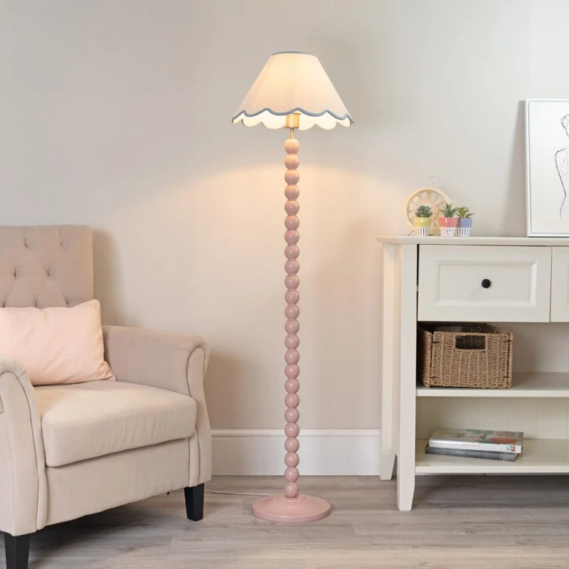 Image of ValueLights Bobbins Painted Rose Pink Floor Lamp with Tapered Natural Linen Scallop Shade Blue