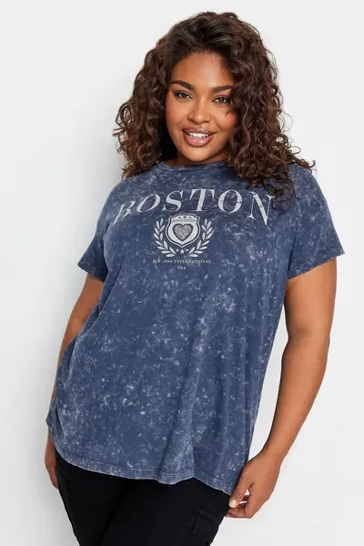 Image of Yours Printed Slogan Acid Wash T-Shirt Blue