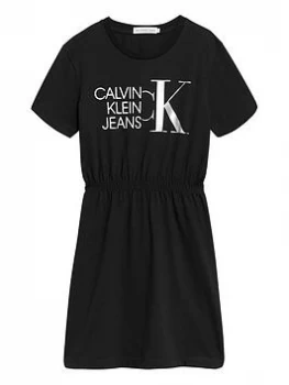 Image of Calvin Klein Jeans Girls Hybrid Logo T-Shirt Dress - Black, Size 12 Years, Women