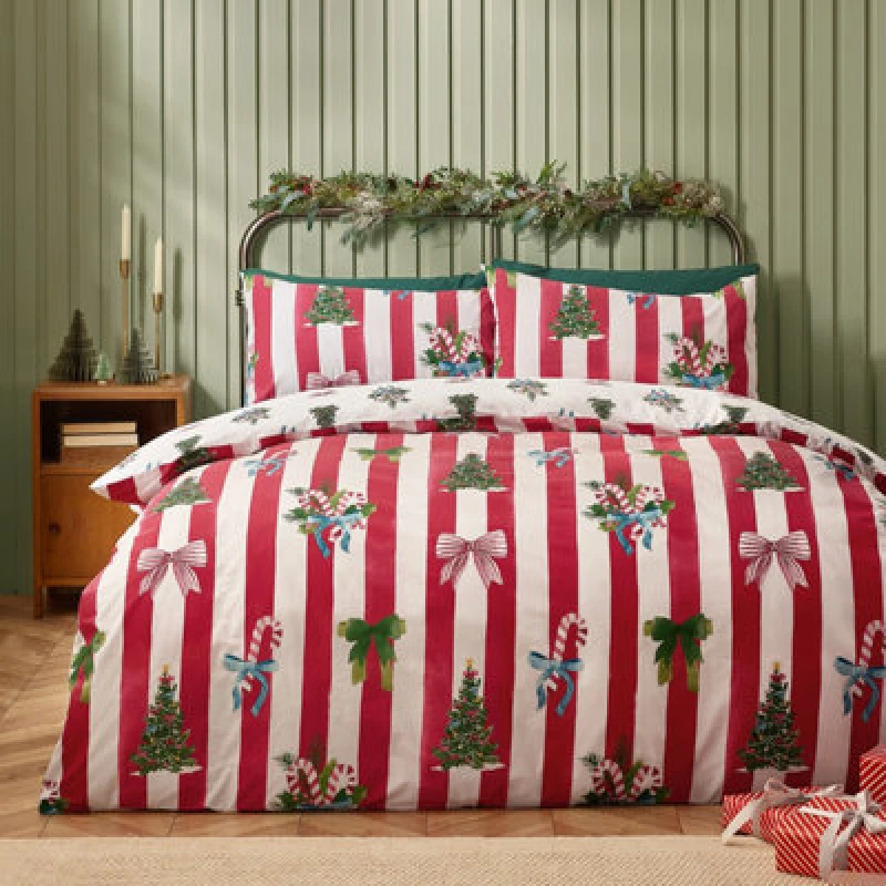 Image of Catherine Lansfield Christmas Stripe Reversible Duvet Cover Set With Pillowcases Red