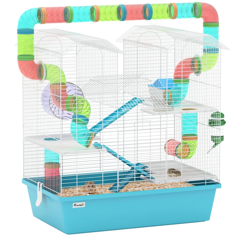 Image of PawHut 4 Tier Hamster Cage with Tubes, for Drawf, 58 x 36 x 65cm, Light Blue Blue