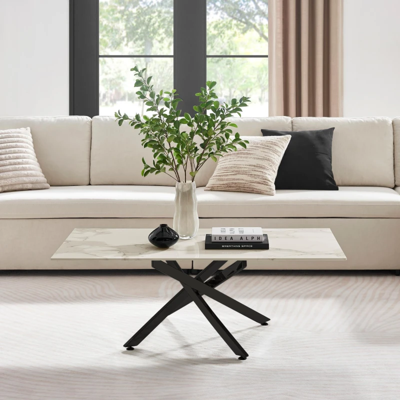 Image of FurnitureboxUK FurnitureboxUK Leonardo Rectangular Marble Effect Glass Top Coffee Table With Black Metal Starburst Legs in White White One Size Unisex
