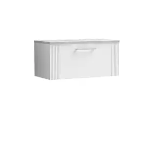 image of Nuie Deco 800mm Wall Hung Single Drawer Vanity & Bellato Grey Laminate Top - Satin White