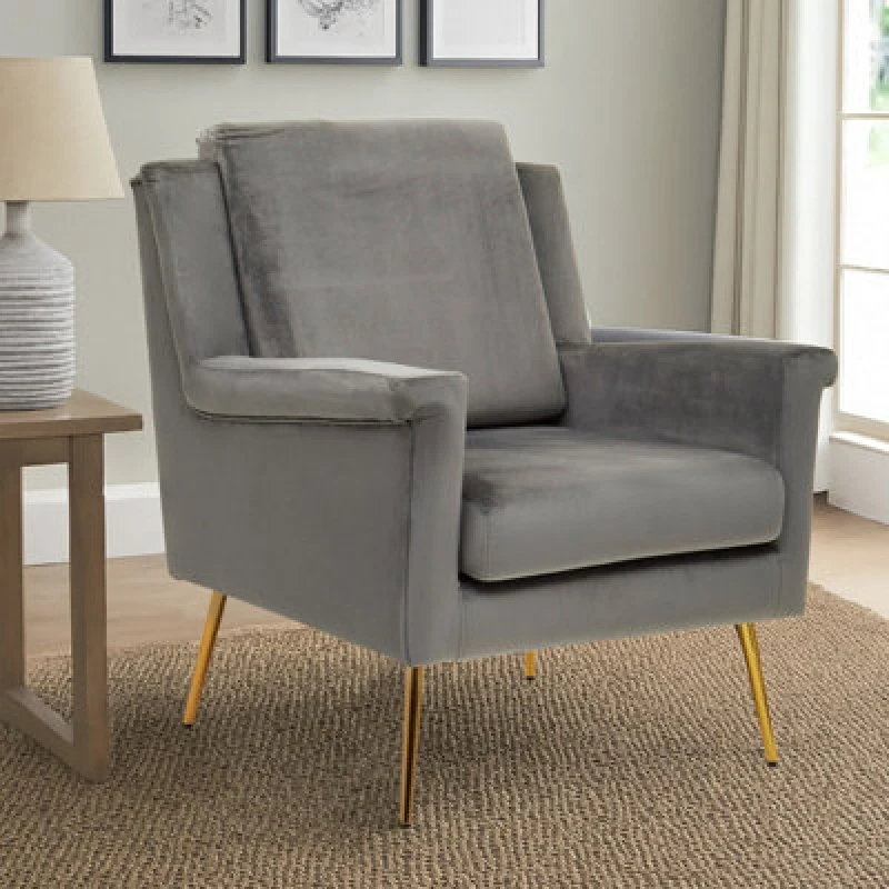 Image of Orsina Grey Velvet Armchair For Livingroom, Modern Sturdy Armchair, Velvet Upholstered Accent Chair For Reading