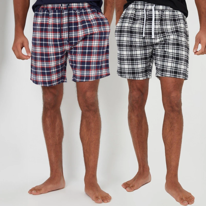 Image of Threadbare 2-Pack 'Cinnamon' Brushed Cotton Flannel Check Lounge Shorts Navy