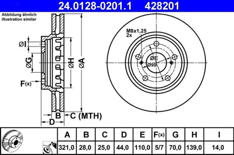 Image of ATE 24.0128-0201.1 Brake disc Vented, Coated, Alloyed/High-carbon Brake Disc (82)