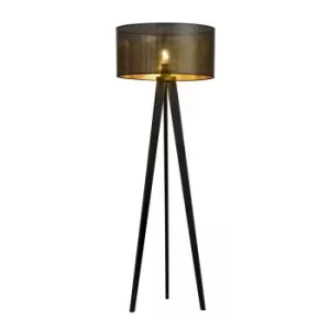 image of Emibig Aston Black Tripod Floor Lamp with Black, Gold Fabric Shades, 1x E27