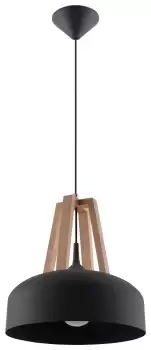 image of Casco 1 Light Dome Ceiling Pendant Black, Natural Wood, E27