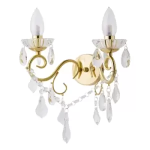 Spa Vela 2 Light Wall Light Crystal Glass and Satin Brass