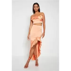 Image of I Saw It First Bright Orange Satin Fril Dip Hem Midi Skirt Co-Ord - Orange