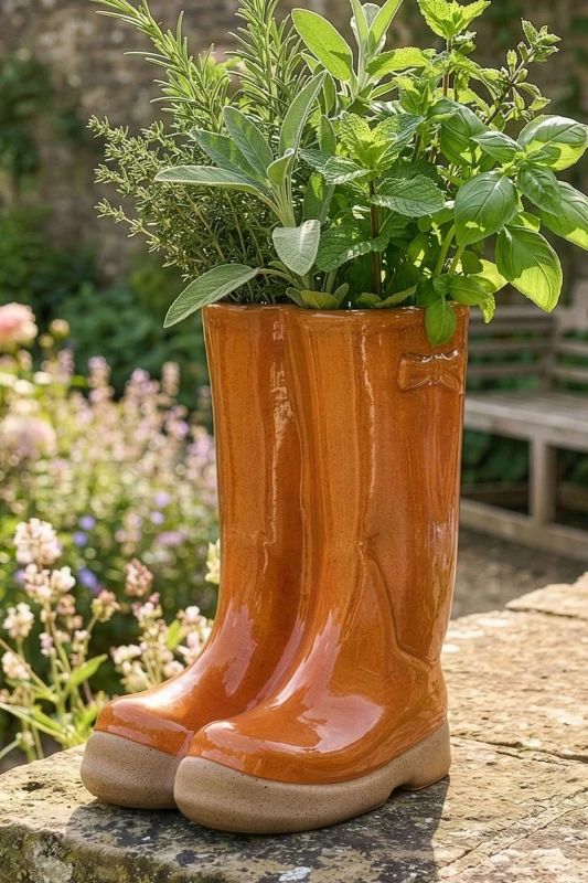 Image of Dibor Orange Double Wellington Boots Large Ceramic Indoor Outdoor Flower Pot Garden Planter Pot (H) 29.5cm, (H)24cm Orange Unisex Large