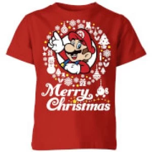 Image of Nintendo Super Mario Merry Christmas White Wreath Kid's T-Shirt - Red - 11-12 Years
