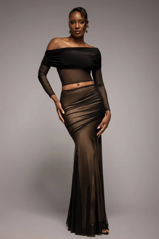 Image of Goddiva Womens Mesh Gathered Mermaid Maxi Skirt in Black Size: Small Black Female S