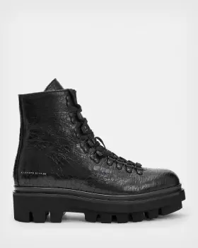 Image of AllSaints Womens Wanda Leather Crocodile Boots, Black, Size: UK 7/US 10/EU 40