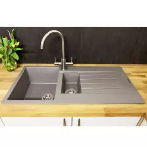 image of Harlem15 Kitchen Sink 1.5 Bowl Silver Grey Granite Reversible Waste - Reginox