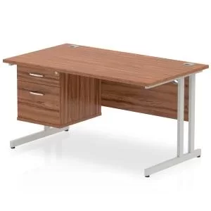 Image of Impulse 1400 Rectangle Silver Cant Leg Desk WALNUT 1 x 2 Drawer Fixed