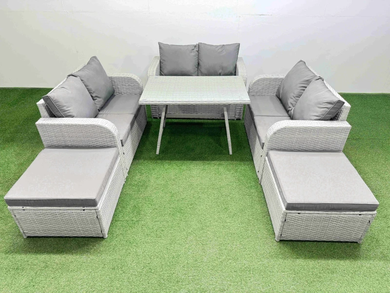 Image of Fimous 8-seater Patio Rectangular Table Love Sofa Set with 2 Big Stools in Light Grey Light Grey Unisex