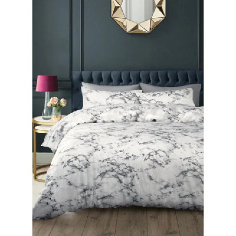 Image of Velosso Elegant Marble Print Duvet Cover & Pillowcase Set, Modern Bedding In Soft Cotton Blend, Machine Washable Luxury Bedding Set - Grey