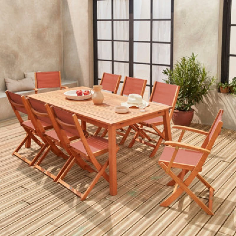 Image of sweeek 8-seater Extendable Wooden Garden Table Set With 8 Chairs in Light Brown Light Brown Unisex
