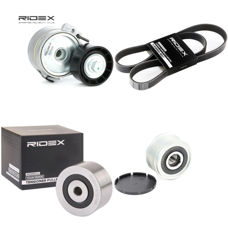 Image of RIDEX 542R1368 V-ribbed belt set Pulleys: with freewheel belt pulley V-Ribbed Belt Set (542)