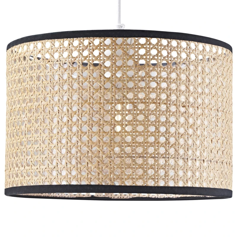 Image of Happy Homewares Natural Wicker Rattan Drum Shaped Pendant Lamp Shade with Black Cotton Trims in Brown Brown Unisex