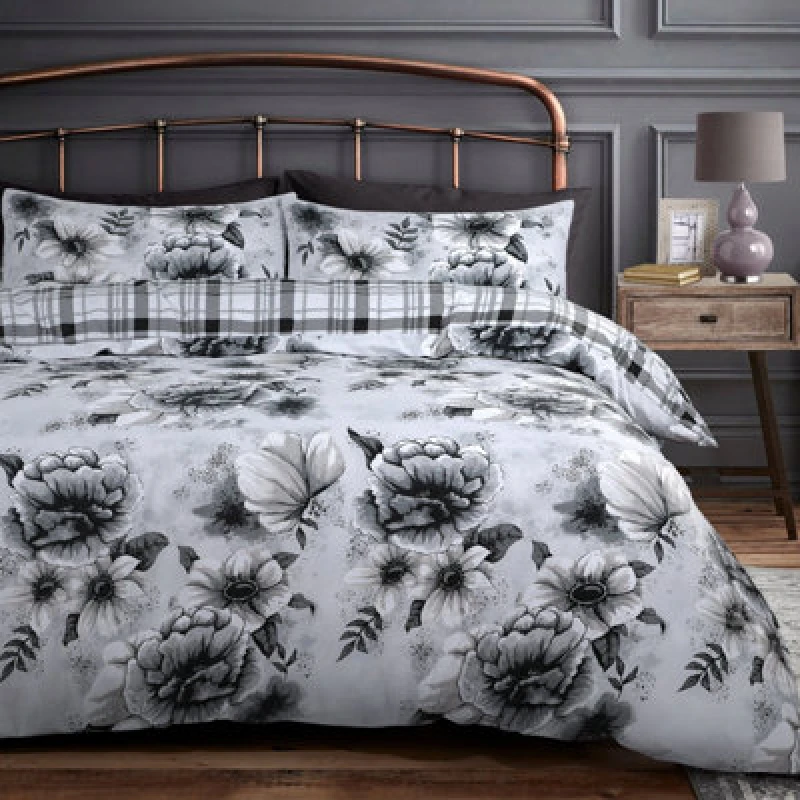 Image of Velosso Monochrome Floral Printed Cotton Blend Duvet Cover & Pillowcase Set, Button Enclosure, Machine Washable - Grey