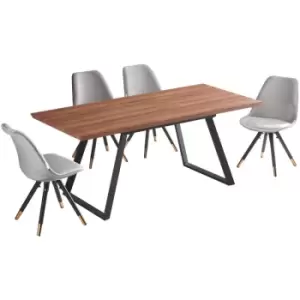 Image of 5 Pieces Life Interiors Sofia Toga Dining Set - an Extendable Brown Rectangular Wooden Dining Table and Set of 4 Light Grey Dining Chairs - Light Grey