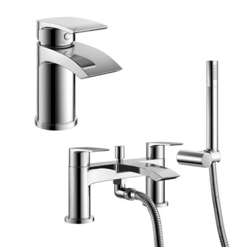 Image of NES HOME Nes Home - Vago Contemporary Set Of Waterfall Basin Single Lever Mixer Tap And Bath Shower Mixer Tap + Free Waste 2202+2201+WST