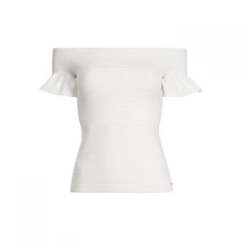 Image of Ted Baker Misteey Bbardot Frill Detail Knitted Top - WHITE