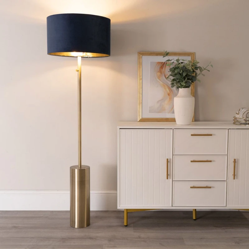 Image of ValueLights ValueLights Lexy Gold Dimmable Floor Lamp with Velvet Drum with Gold Inner Lamp Shade in Dark Navy Dark Navy One Size Unisex 5059406059728