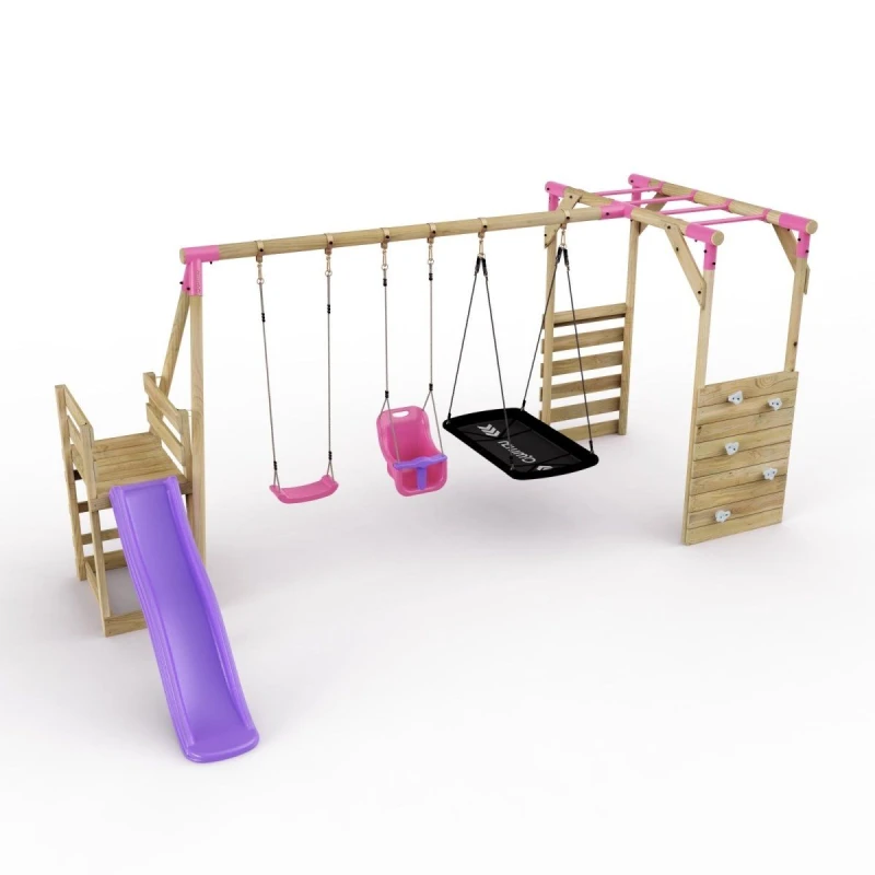 Image of Rebo Swing Set with Baby Seat, Boat Swing, Monkey Bars and Slide - Halley Pink Pink