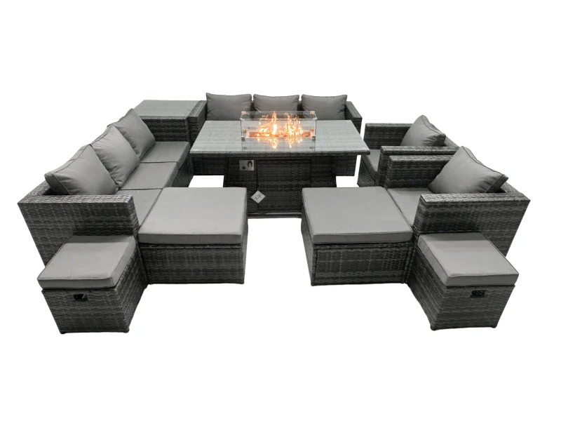 Image of Fimous Rattan Garden Furniture Firepit Dining Set 12 Seater Lounge Sofa Table Set with side table 2 big Footstool Dark Grey