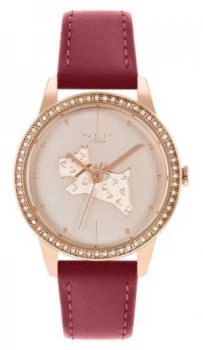 image of Radley Womens Red Leather Strap Rose Gold Dog Motif Dial Watch