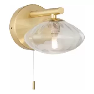 Image of Satin Brass Bathroom Wall Light & Ribbed Glass Shade - IP44 Rated Modern Sconce