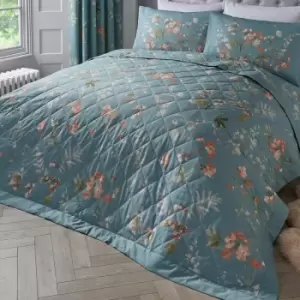Image of Dreams & Drapes Farah Floral Print Quilted Bedspread, Duck Egg, 230 x 200 Cm