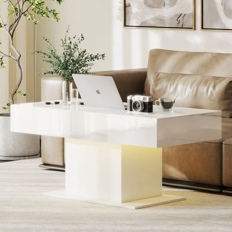 Image of HOMCOM Extendable Coffee Table, Living Room Table with LED Lights, White White Unisex