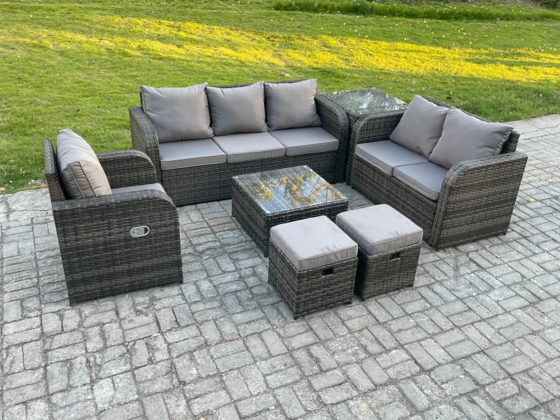 Image of Fimous Rattan Garden Furniture 7 Piece Patio Set With Table Sofa Square Coffee Table Reclining Chair Love seat sofa Side Table Dark Grey