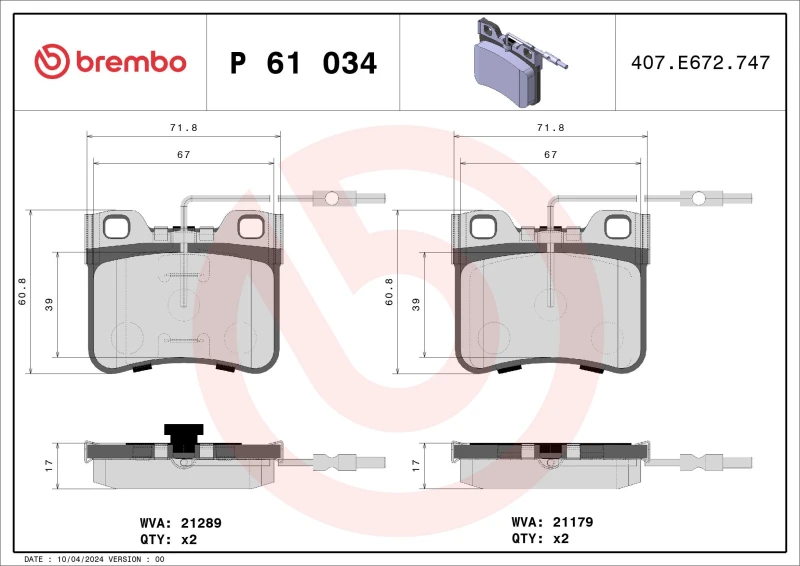 Image of BREMBO Brake pad set BREMBO P 61 034