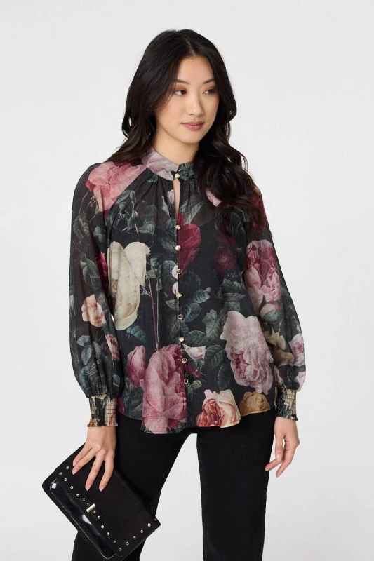 Image of Izabel London Womens Floral Semi Sheer Button Front Shirt Size: 10 Multicolor Female 10