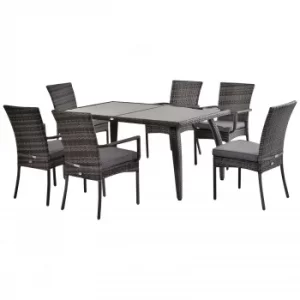 Image of Outsunny 7 Pcs Garden Dining Set Steel Frame PE Rattan Wicker w/ 6 Chairs Large Table Glass Top Curved Legs Feet Pads Thick Cushions Grey