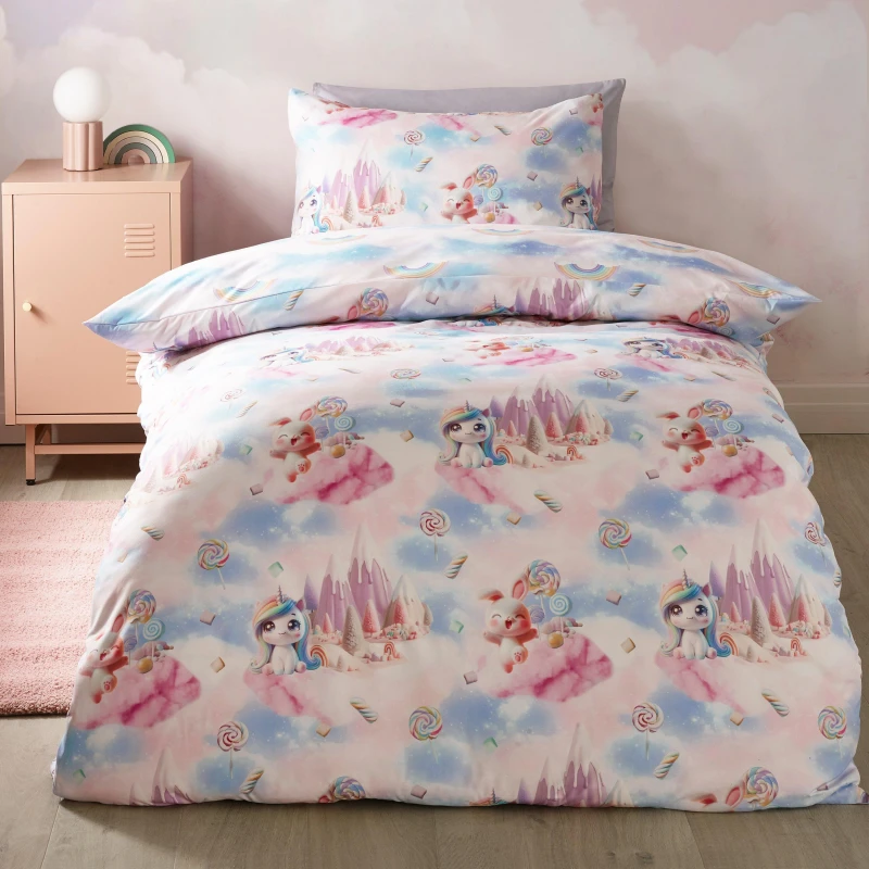 Image of Catherine Lansfield Candy Unicorn So Soft Reversible Duvet Cover Set Pink unisex Double
