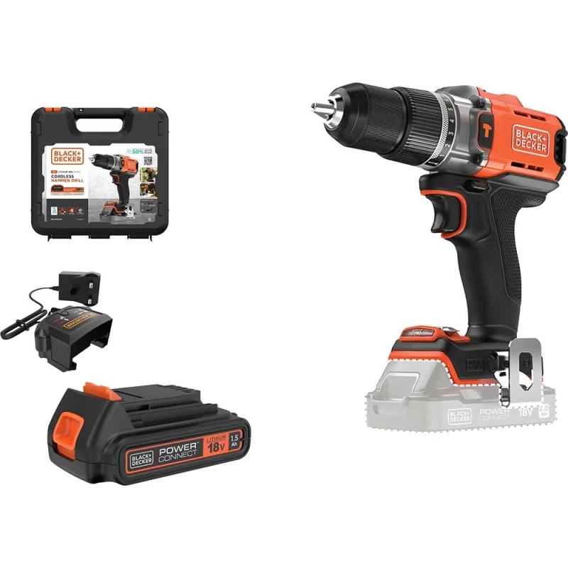 Image of Black and Decker BCD383 18v Cordless Combi Drill BCD383C1XK Batteries: 1 x 1.5ah Li-ion